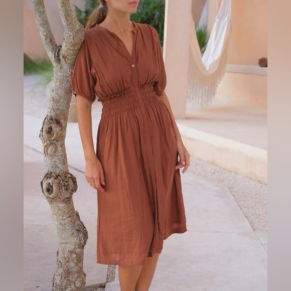 World of Crow Brown Elasticized Midi Dress Sz S - Picture 5 of 14